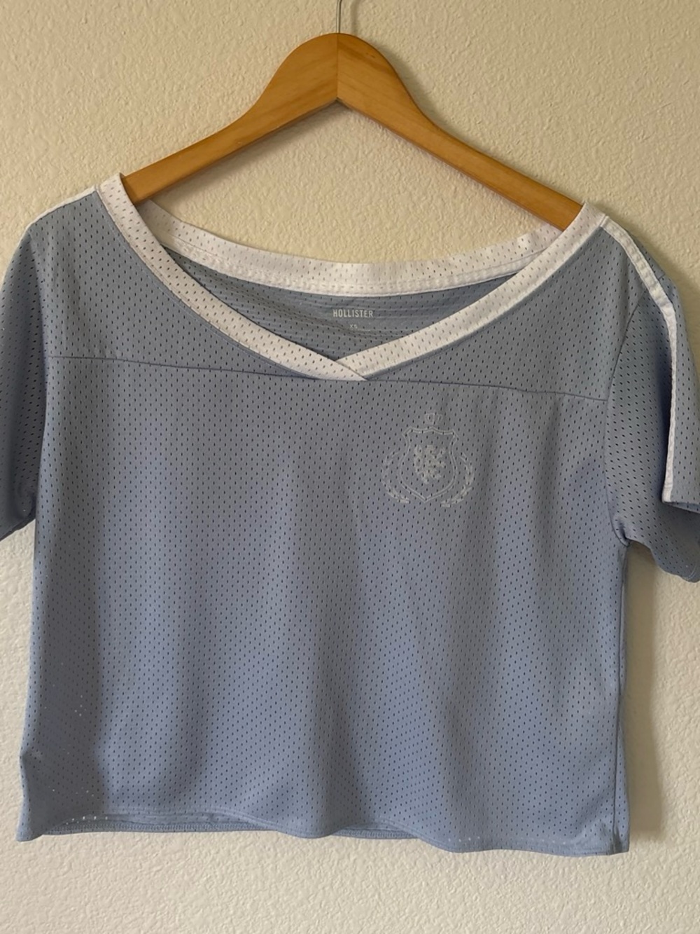 Hollister Pale Blue Mesh Cropped V-Neck Top with White Trim